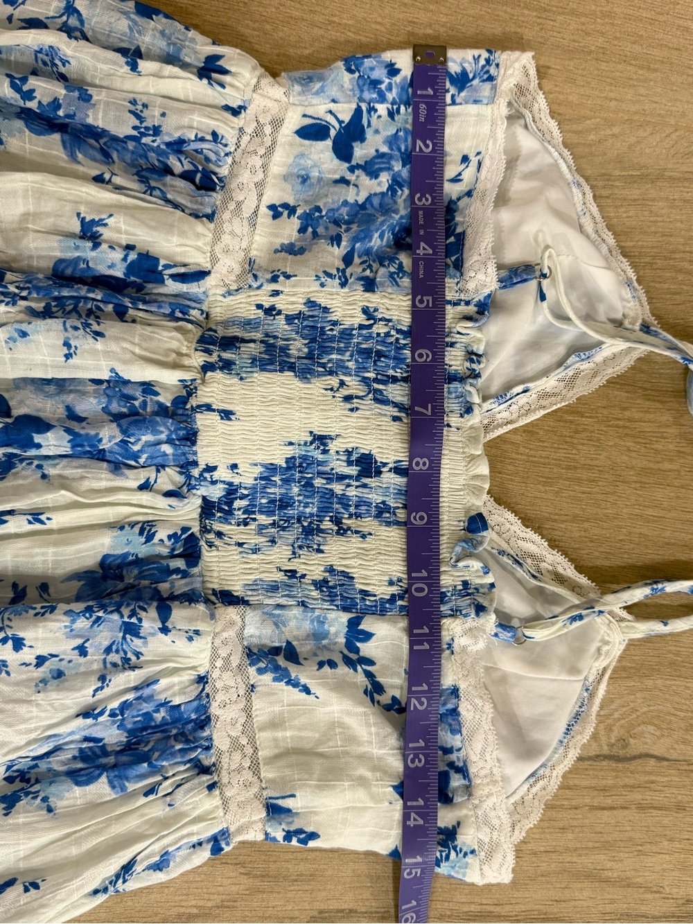 Pookie & Sebastian White Blue Floral Cotton Mini Dress Smocked Back Size L - Picture 13 of 15
